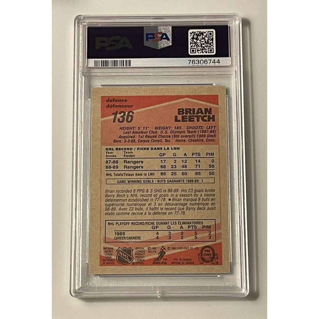 1989-90 O-Pee-Chee Brian Leetch rookie hockey card #136 New York Rangers PSA 7