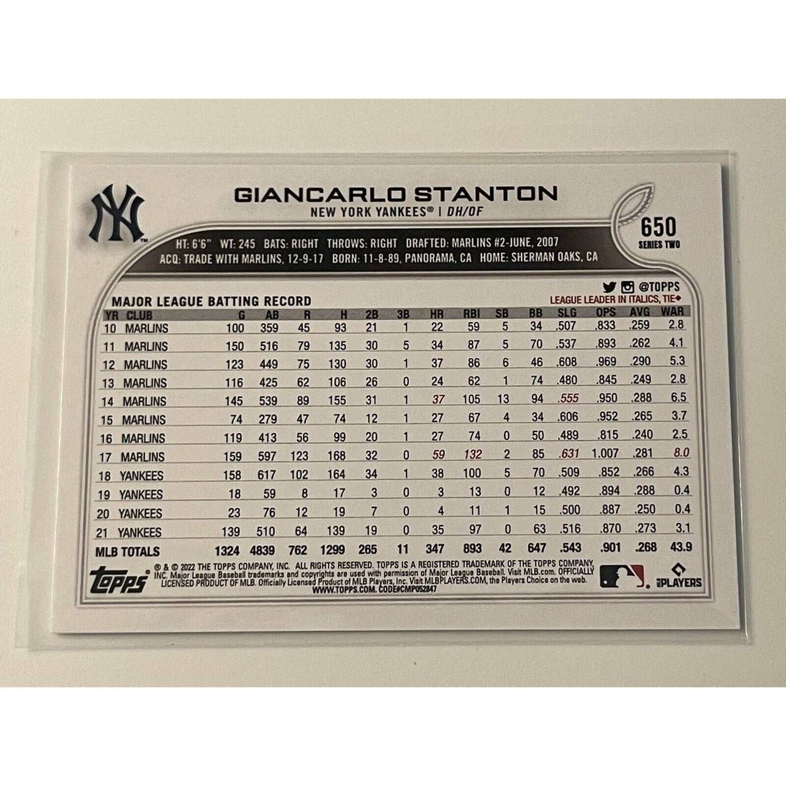2022 Topps Series 1 Giancarlo Stanton New York Yankees baseball card #650 in near mint condition