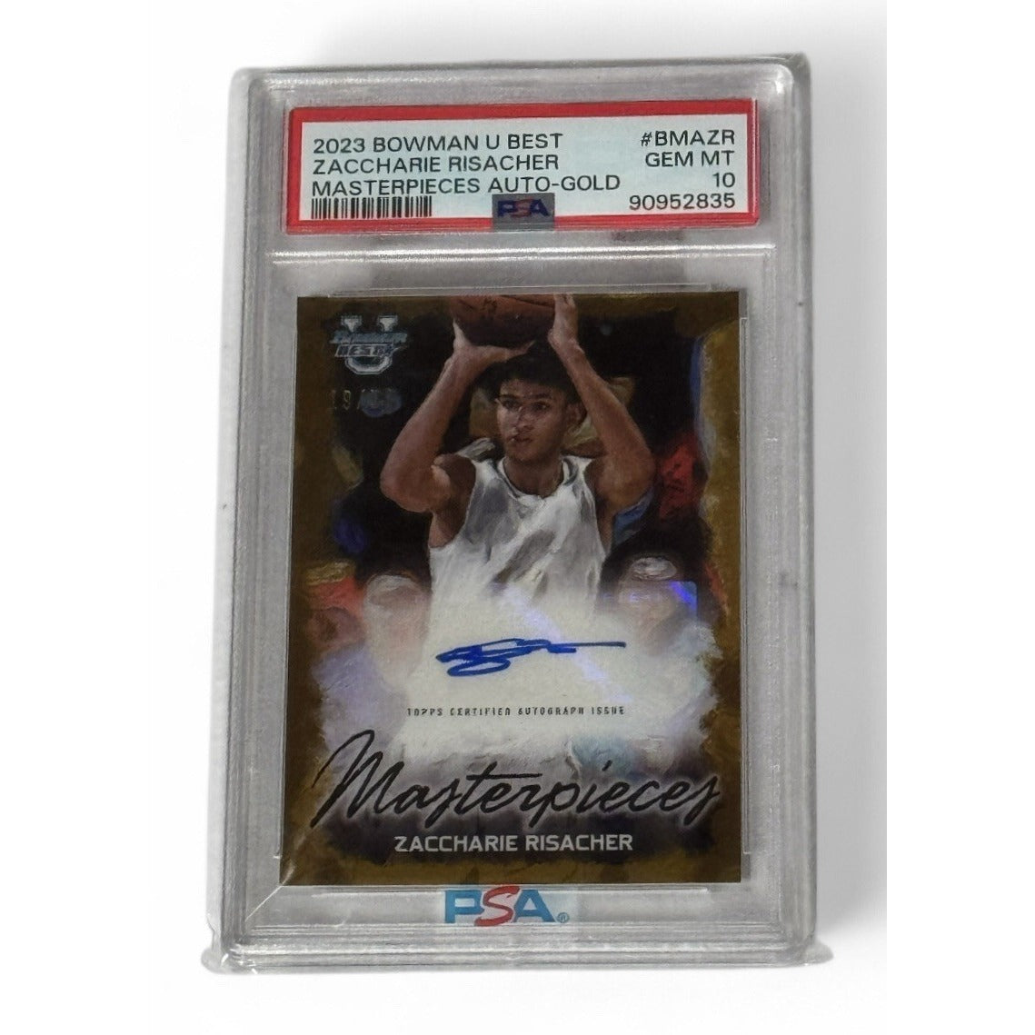 19/50* 2023 Bowman U Best/NBA Zaccharie Risacher Masterpiece RC Gold Auto PSA 10