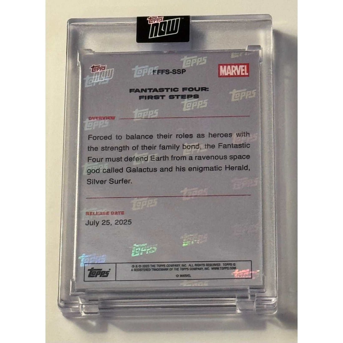 Limited edition Topps Now Marvel Fantastic Four teaser card with silhouette lineup and premium foil finish in protective case