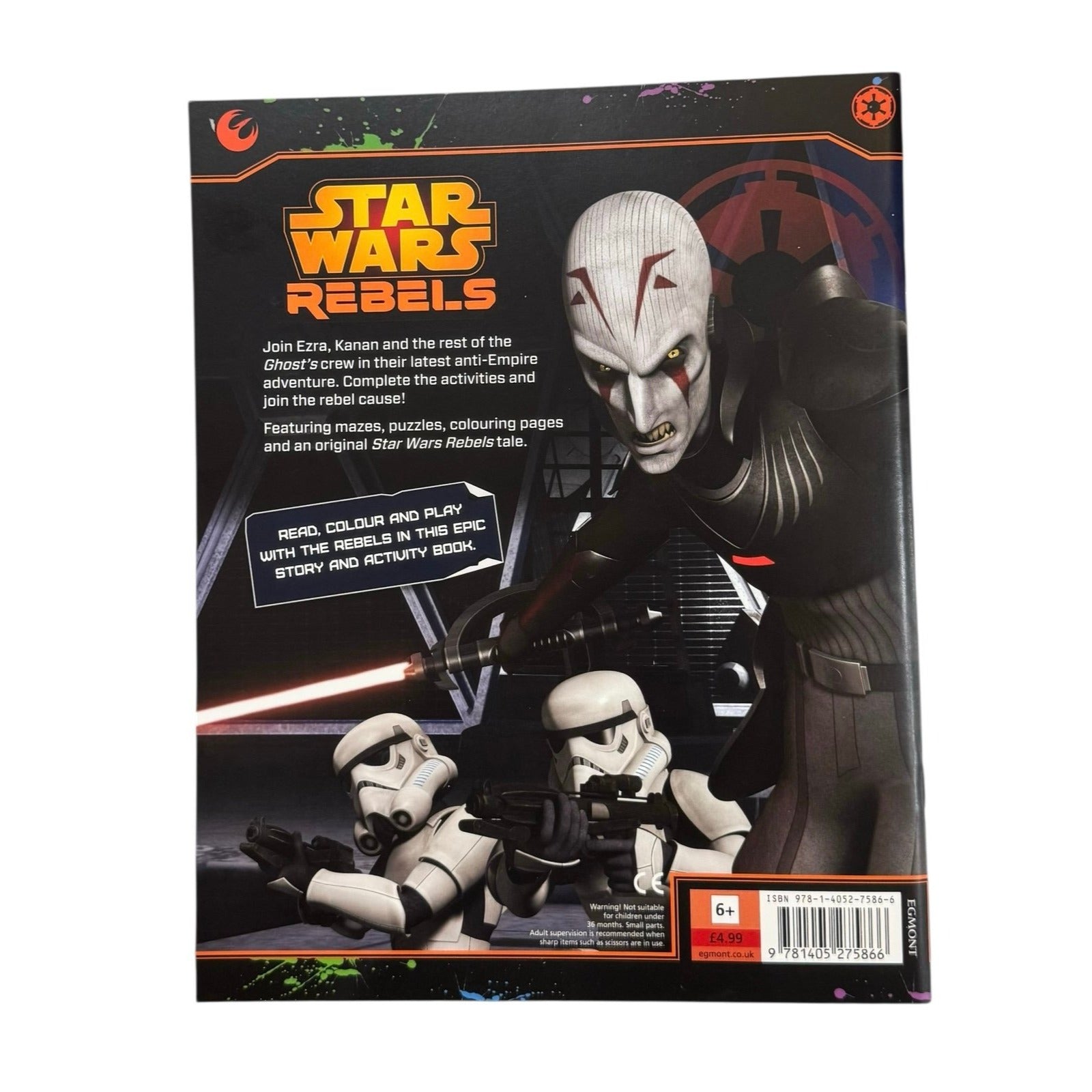 Star Wars Rebels activity book with puzzles, mazes, quizzes, and games for kids 6+ featuring characters Ezra, Kanan, Hera, Chopper, Stormtroopers, and the Inquisitor