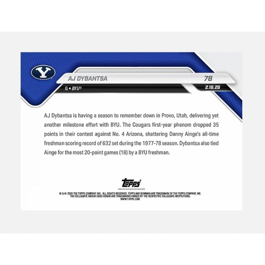 ONLY 4631 Printed AJ Dybantsa RC 2025-26 Bowman U NOW® Card 78 BYU