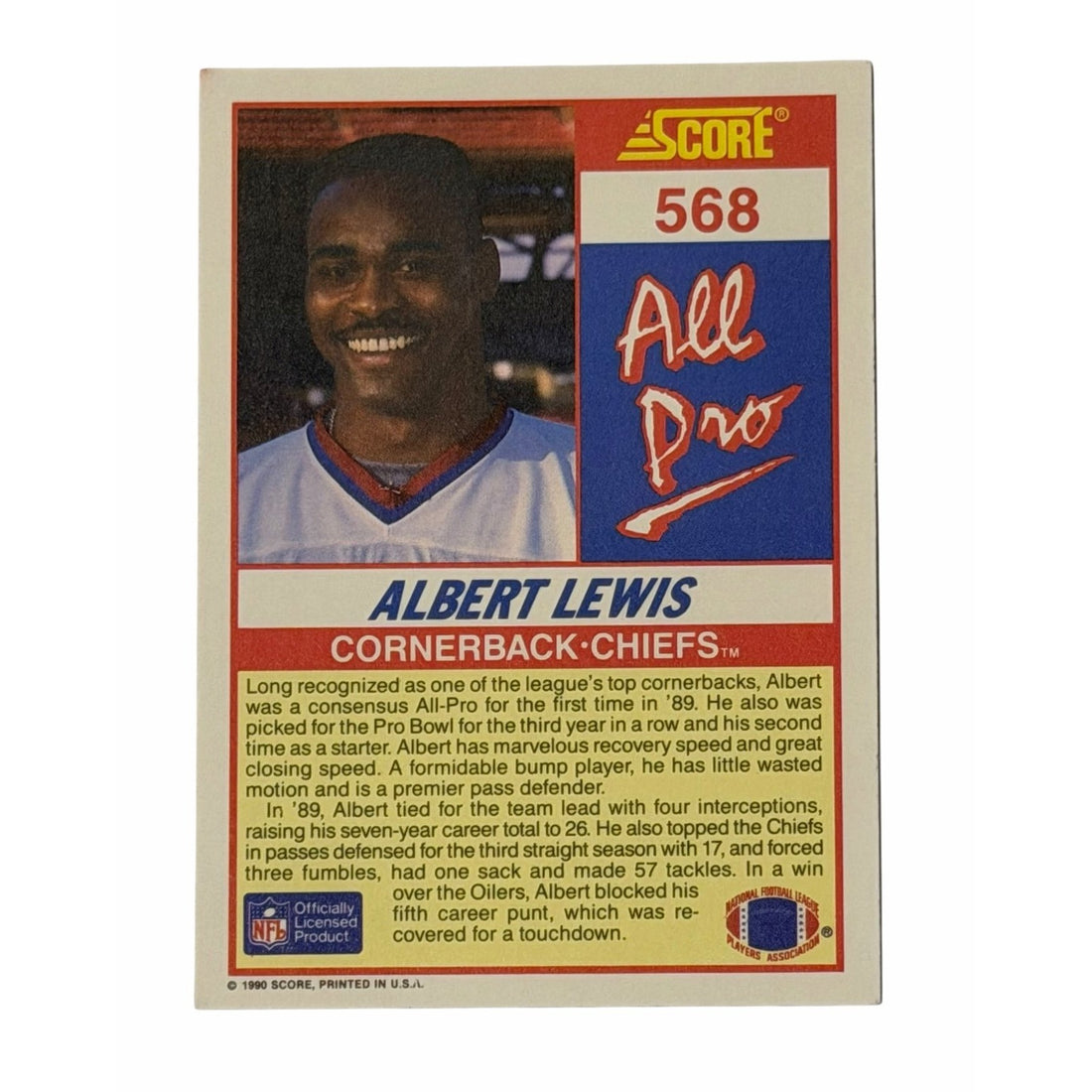 Vintage Albert Lewis NFL Kansas City Vintage Albert Lewis NFL Kansas City Chiefs 1990 Score All Pro 568 Card
