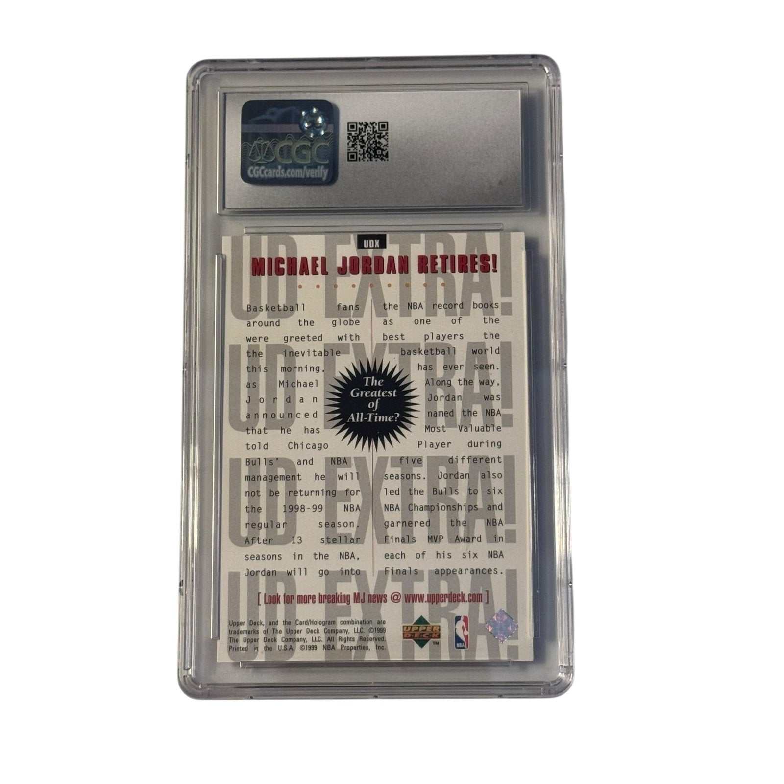 1998-99 UD Extra Michael Jordan Retires CGC 9 Mint basketball card slab back view