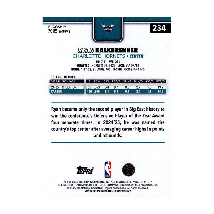 Ryan Kalkbrenner 2025-26 Topps Basketball #234 Hornets NBA Rookie Card
