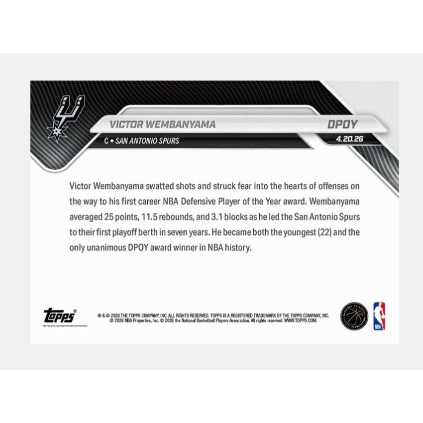 Limited PR Victor Wembanyama DPOY 2026 NBA Topps NOW Card #DPOY Spurs