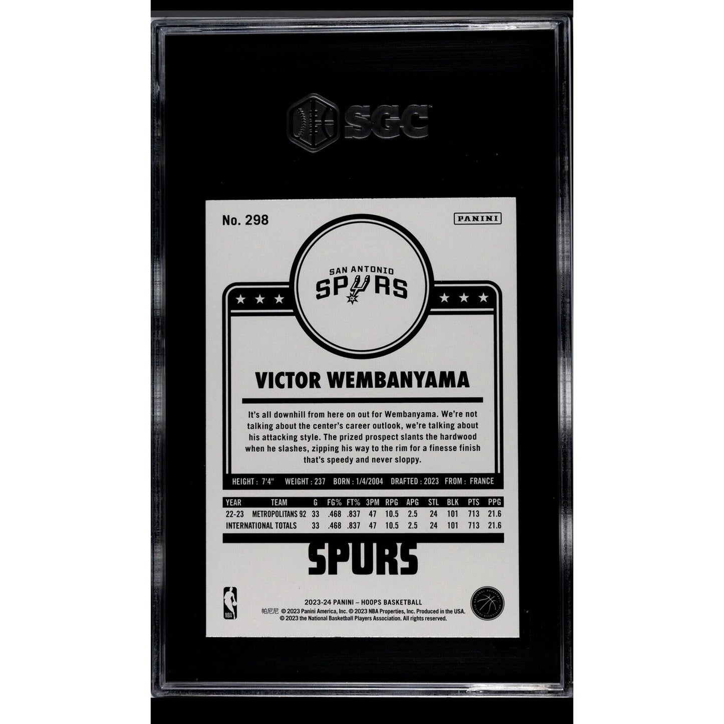 Victor Wembanyama RC* 2023 Panini NBA Hoops - NBA Spurs Rookie Card #298 - SGC 9